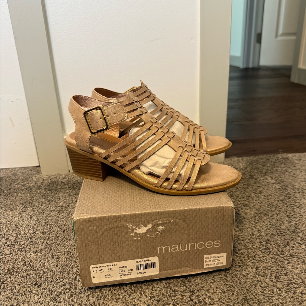 Maurices Rose Gold Shimmer Block Heel Sandals, Size 8